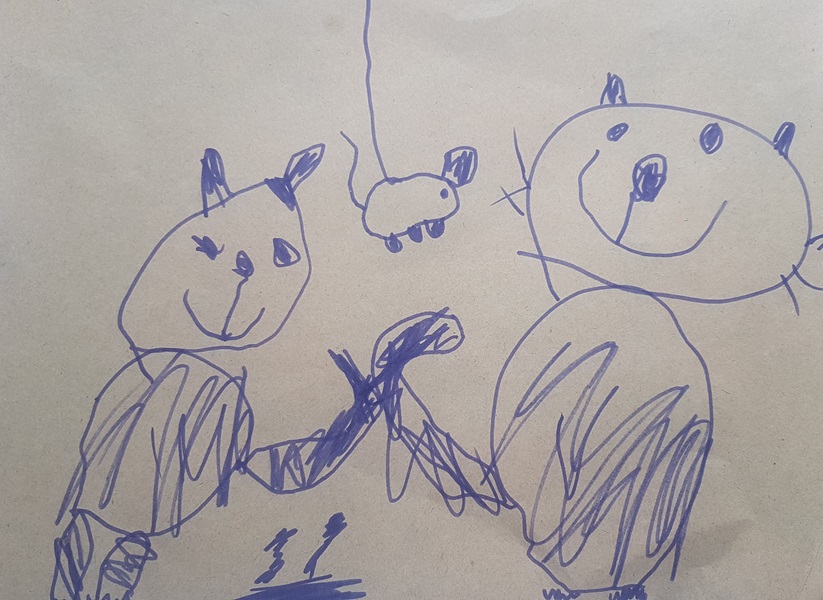 4-year-old Lilith drew this awesome picture of a cat with her kitten playing with a toy! 