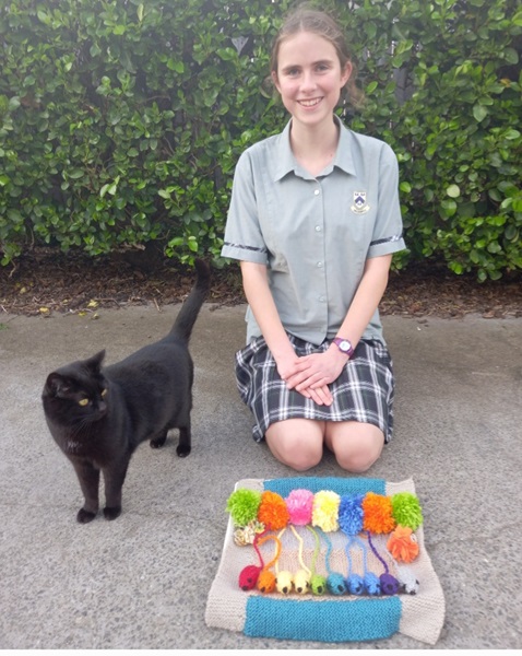 Kayla's Grandma taught her how to knit. She created these cat enrichment toys for her Duke of Edinburgh hours. She will donate them to Hamilton SPCA, this where she adopted her cat Poppy from. 